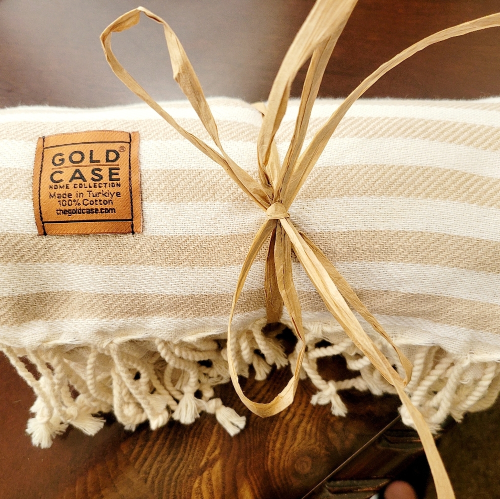 Gold Case Tan and White Striped Turkish Quick Dry and Sand Free Towel